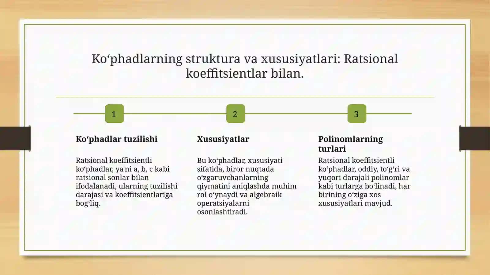 Ratsional koeffitsienti koʻphadlar. Algebraik sonlar maydoni 4