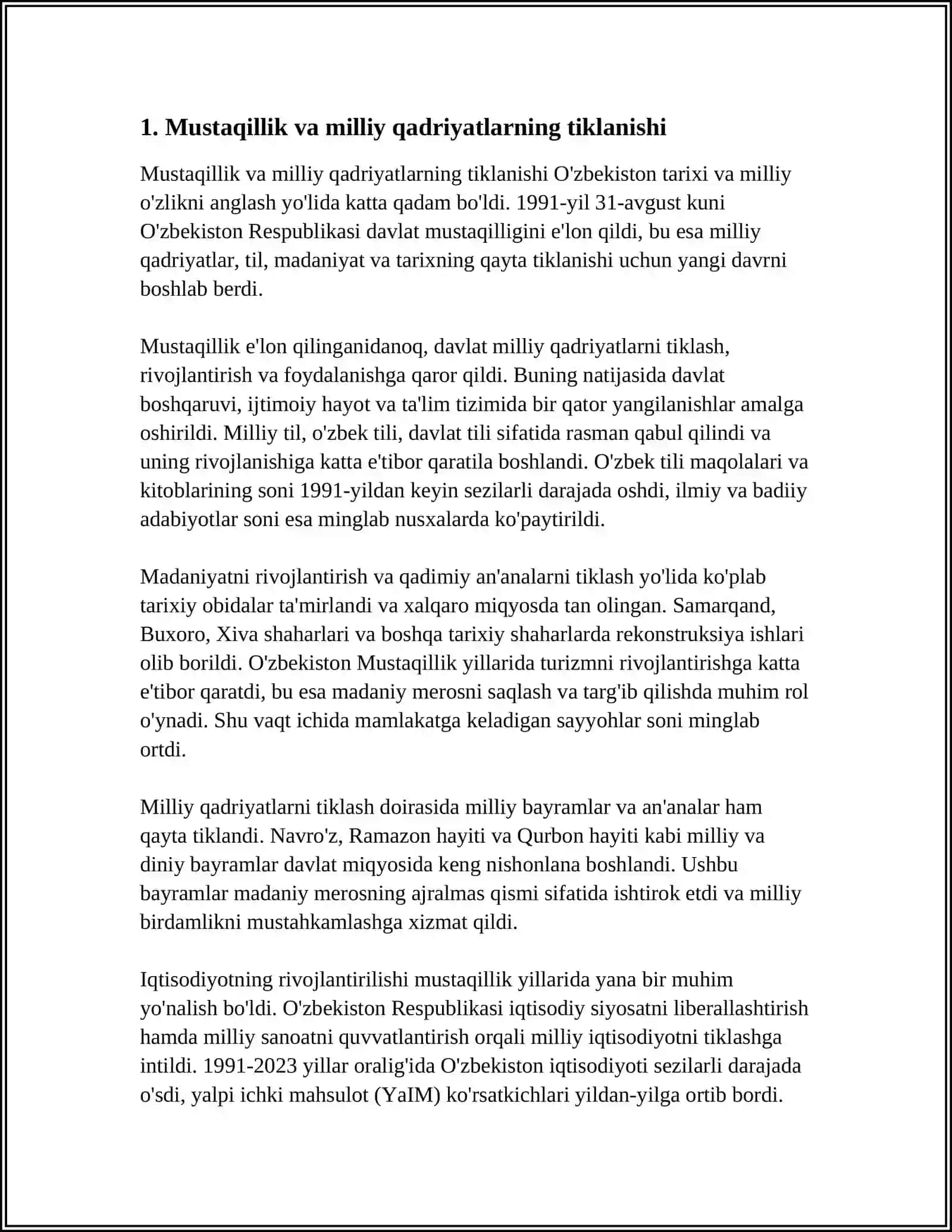 MUSTAQILLIK YILLARIDA OʻZBEKISTONDA TARIXIMIZNING.MILIY VA DINIY QADRIYATLARNING QAYTA TIKLANISHI VA UNING MILLIY OʻZLIGINI ANGLASHDAGI ROLI 4