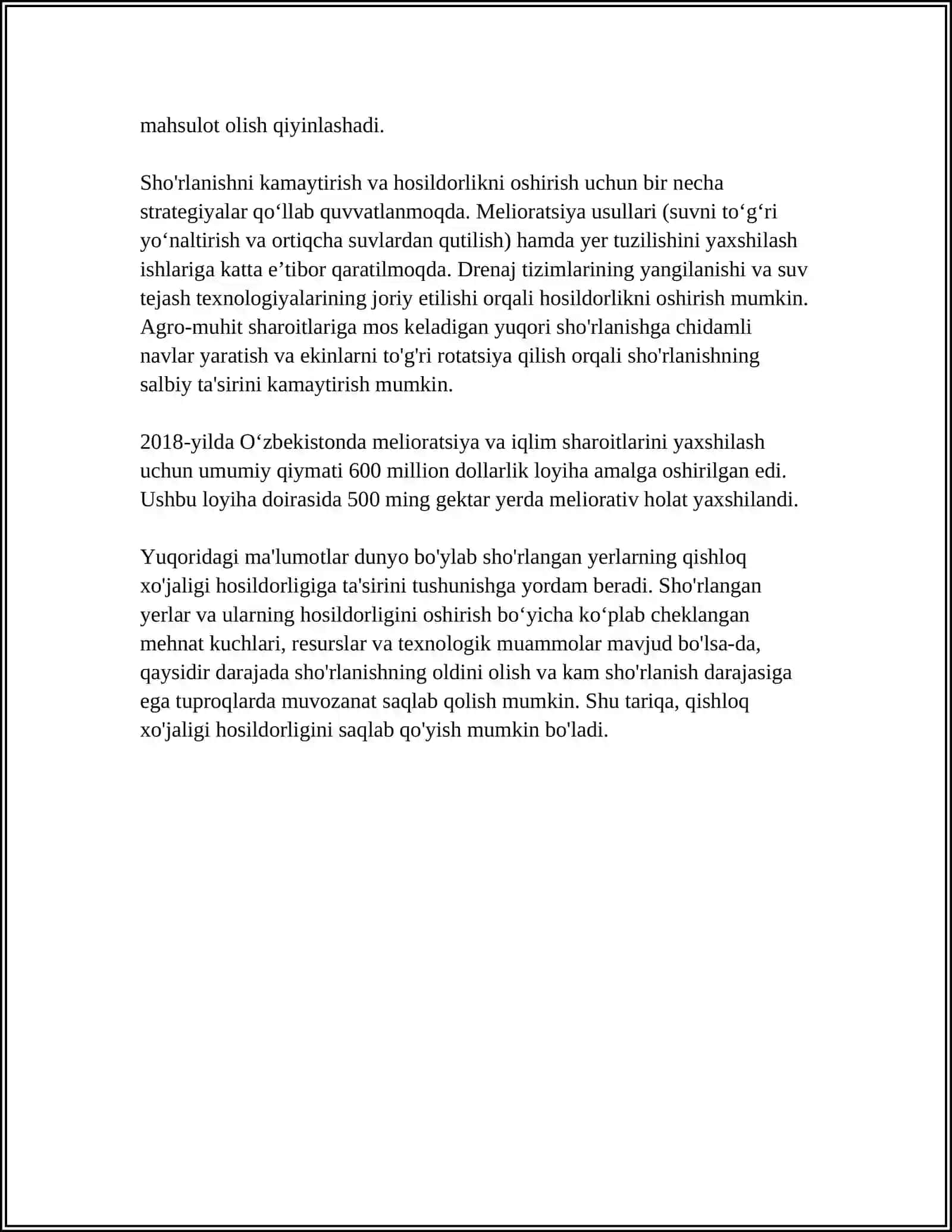 KUCHLI SHO'RLANGAN SUG'ORILADIGAN YERLARDA IXOTAZORLAR BARPO ETISH 4