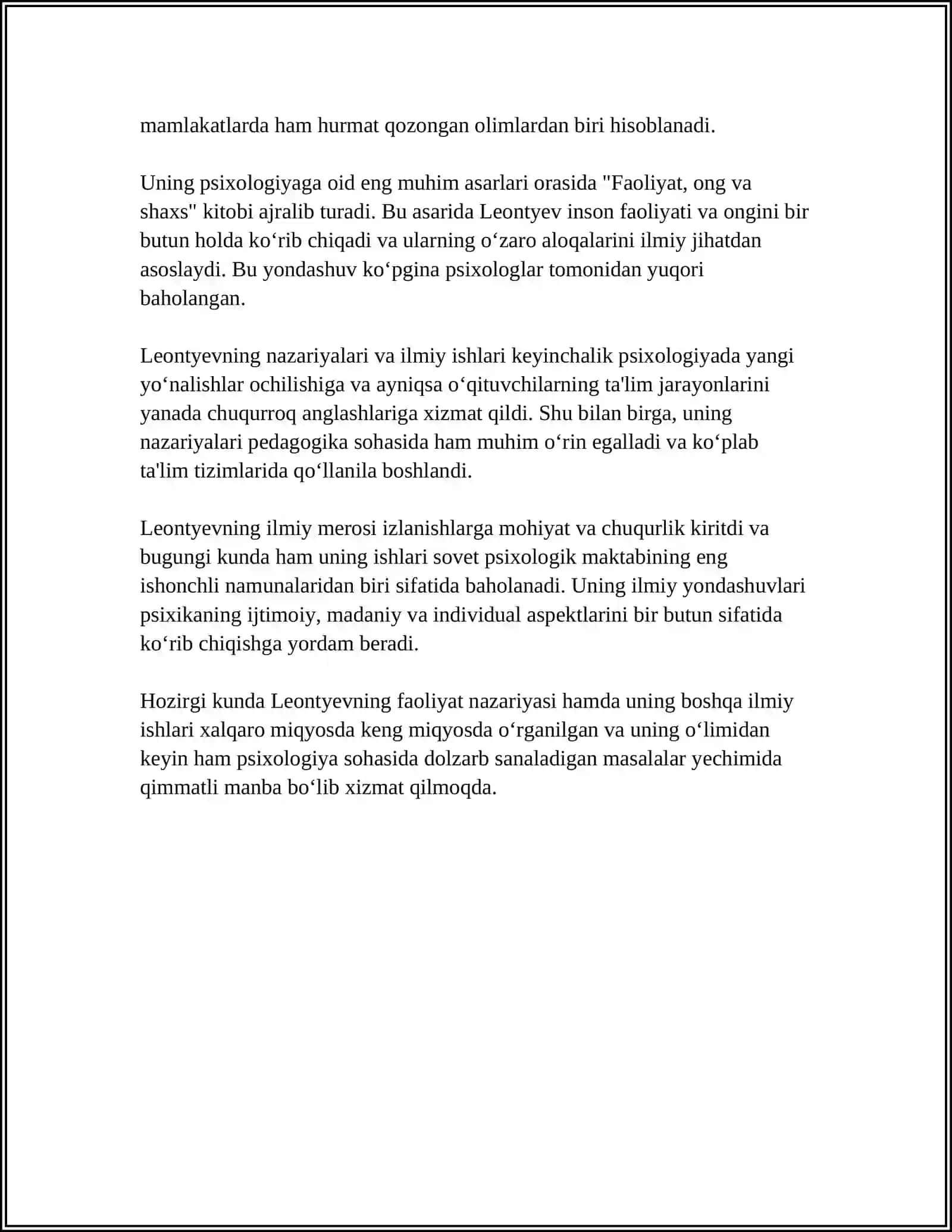 MUSTAQIL ISH Mavzu: A.N.LEONTEVNING KONSEPSIYASIDA EHTIYOJLAR VA MOTIVLAR 4