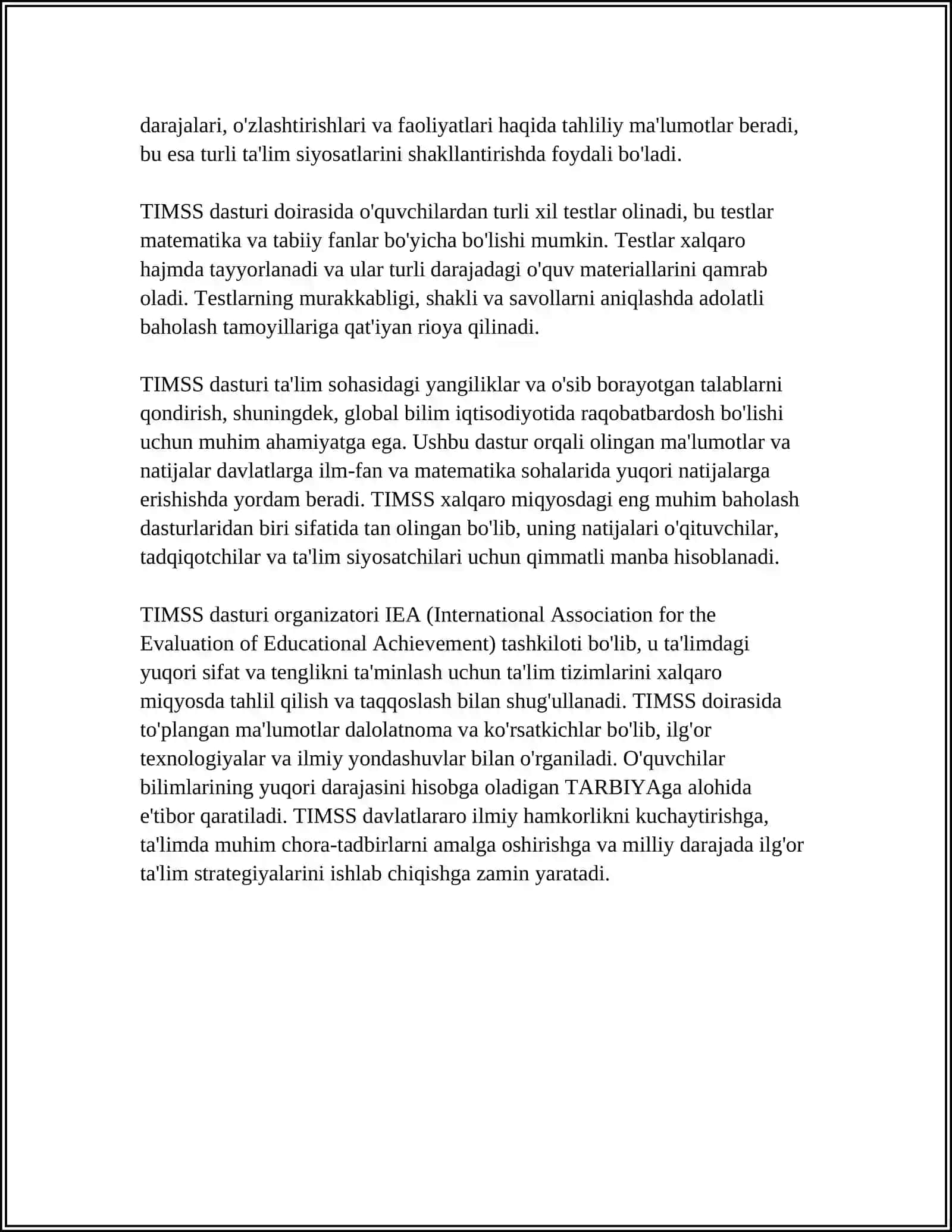 TİMSS XALQARO BAHOLASH DASTURI HAQIDA KENG QAMROVLI MAʼLUMOT 4