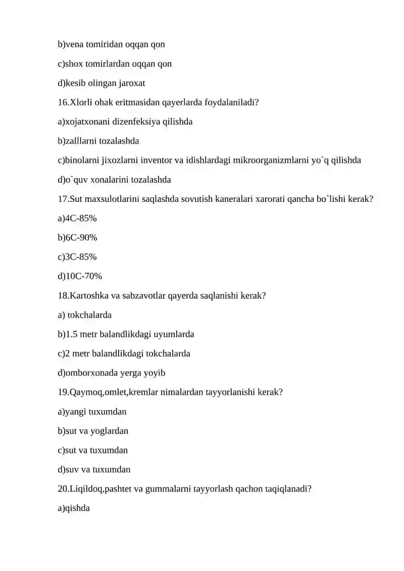 Oshpazlik taomlari tayyorlash fanidan test savollari 4