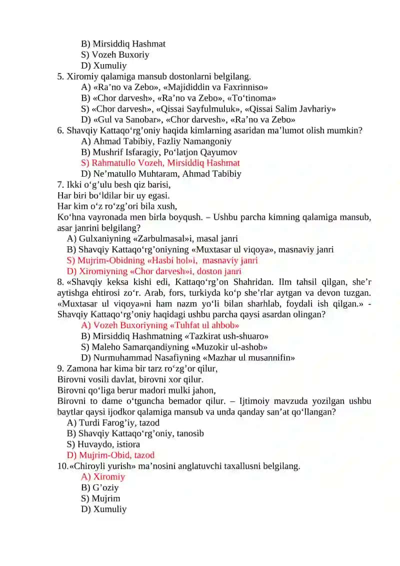 O‘ZBEK ADABIYOTI TARIXI TEST SAVOLLARI 4