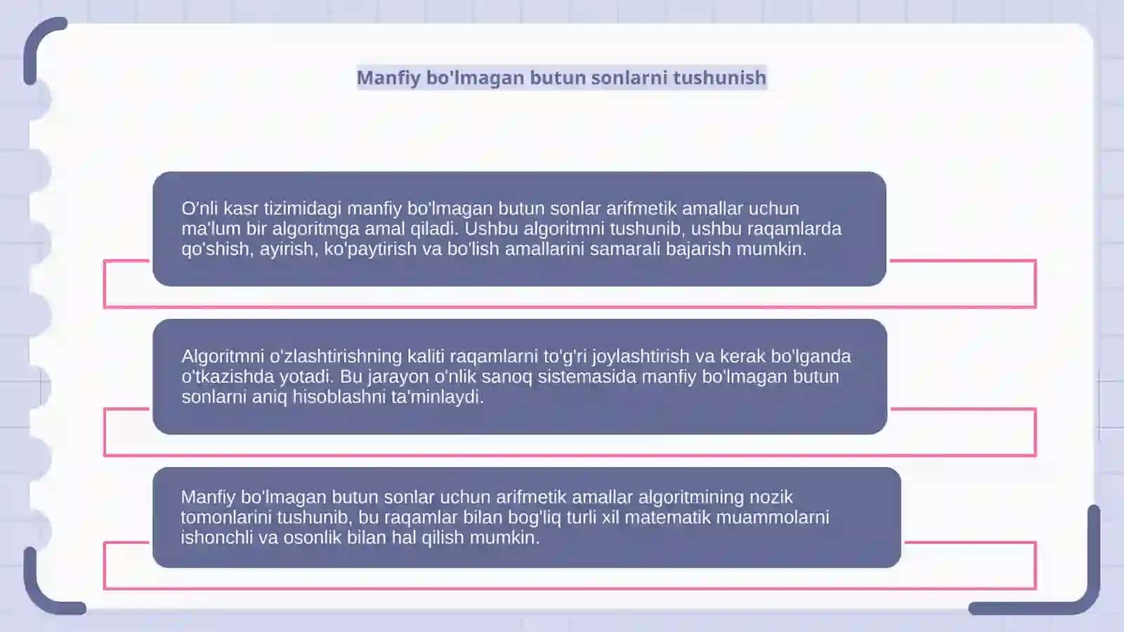 O‘nli sanoq sistemasidagi nomanfiy butun sonlari arifmetik amallarining algoritmi 4