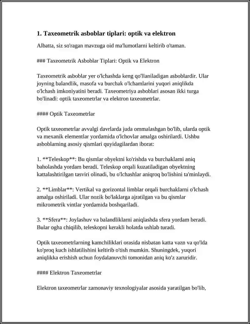 TAXEOMETRIK SYOMKANI BAJARISH UCHUN ISHLATILADIGAN GEODEZIK ASBOBLAR. TAXEOMETRIK YOʻL OʻTKAZISH 4