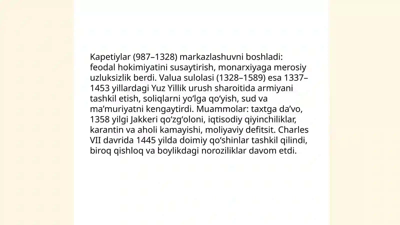 soʻngi oʻrta asrlar davlatlari Fransiya taraqiyoti va tanazullari 4
