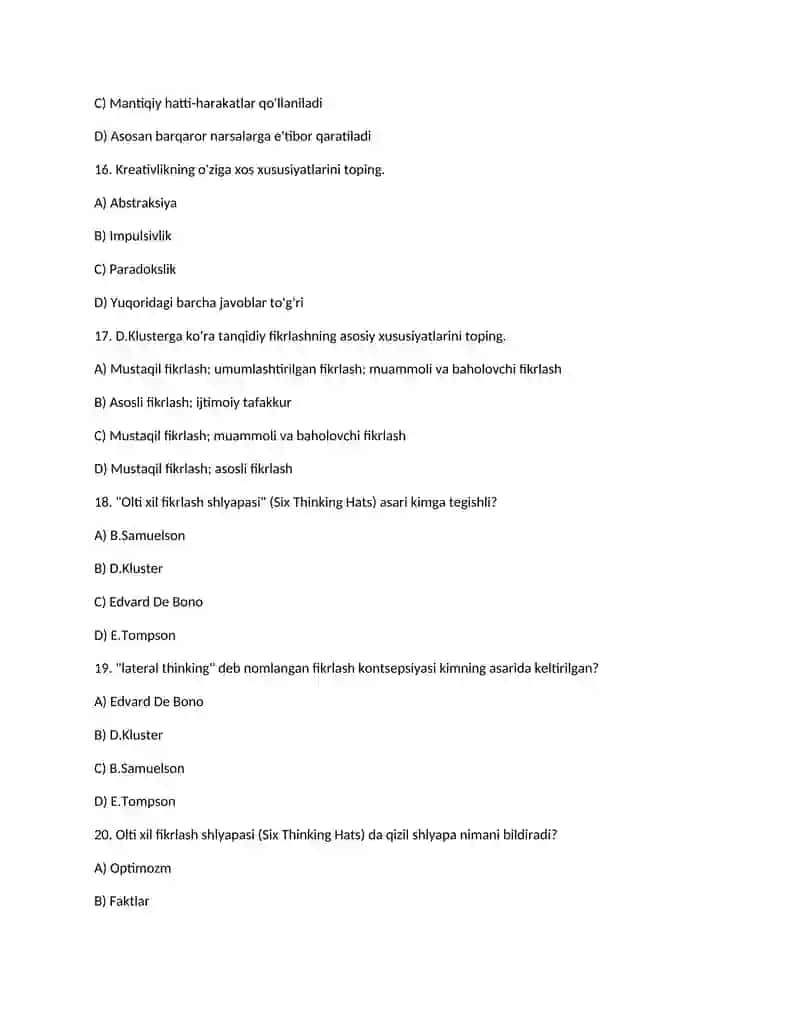 “Kreativ fikrlash” fanidan test savollari 4