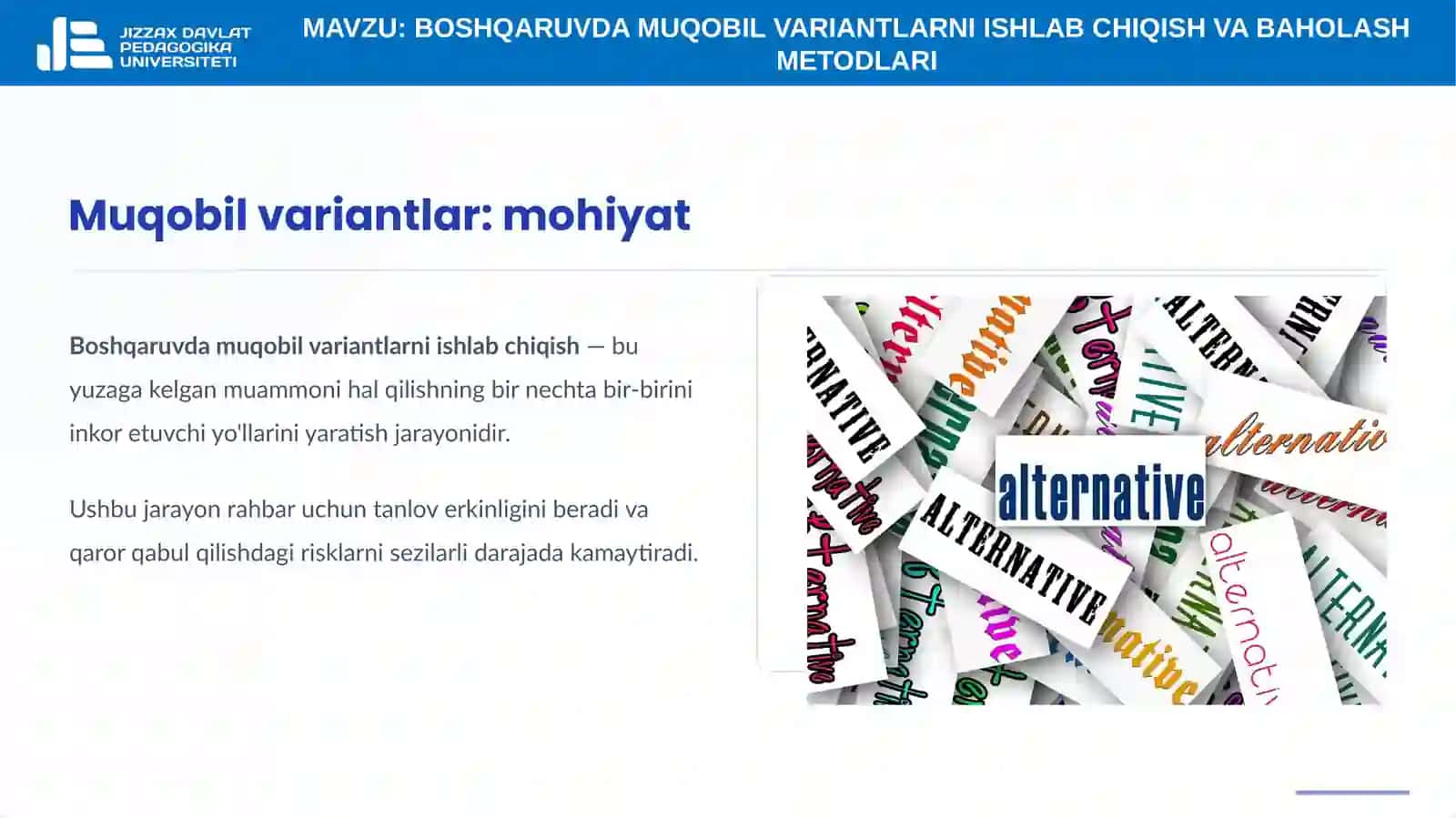 14-mavzu. Boshqaruvda muqobil variantlarni ishlab chiqish va baholash metodlari 4