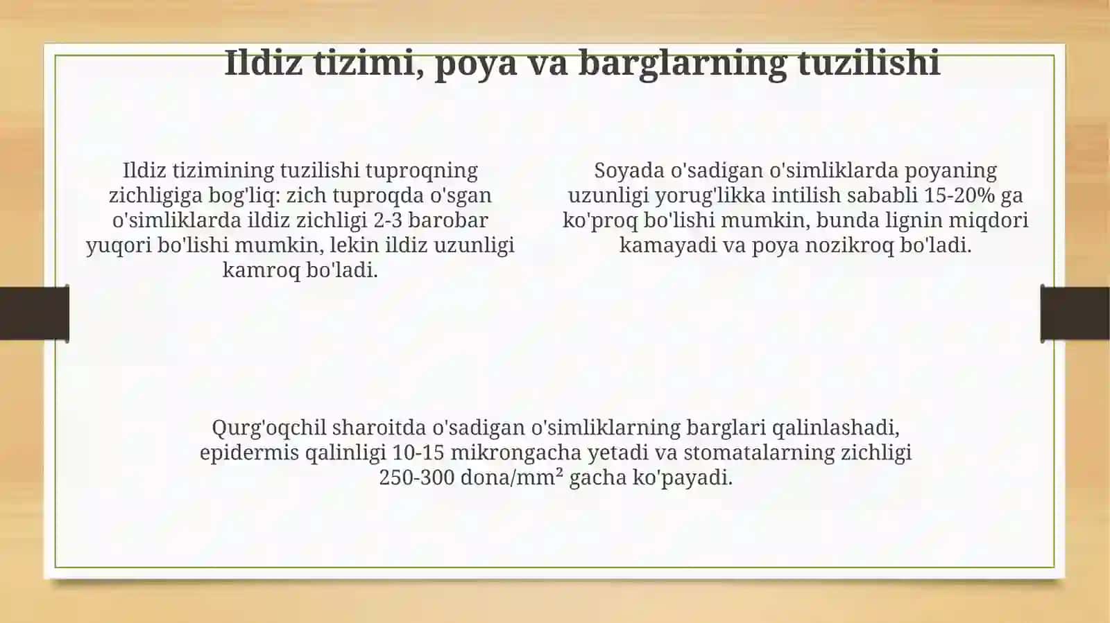 Turli muhit sharoitlarida o'sgan o'simliklarning tuzilishini solishtirish 4
