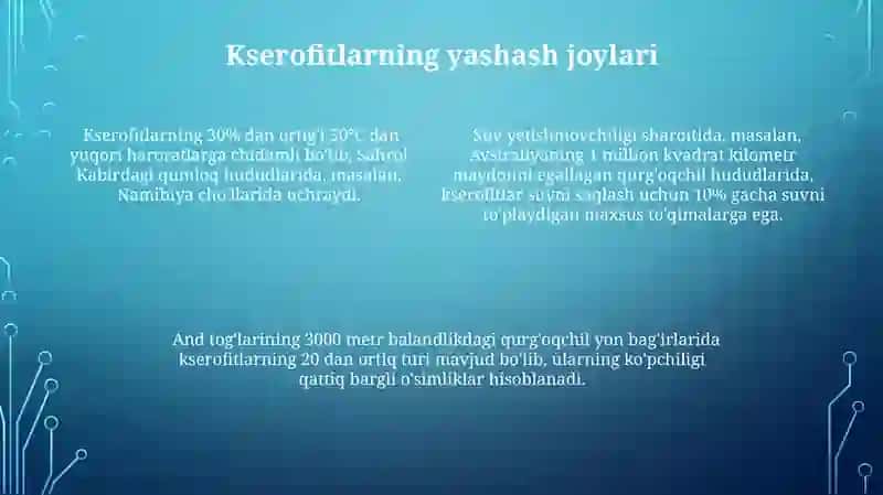 Gidrofit gigrofit,mezofit va kserofit oʻsimlikarni yashash muxiti 4