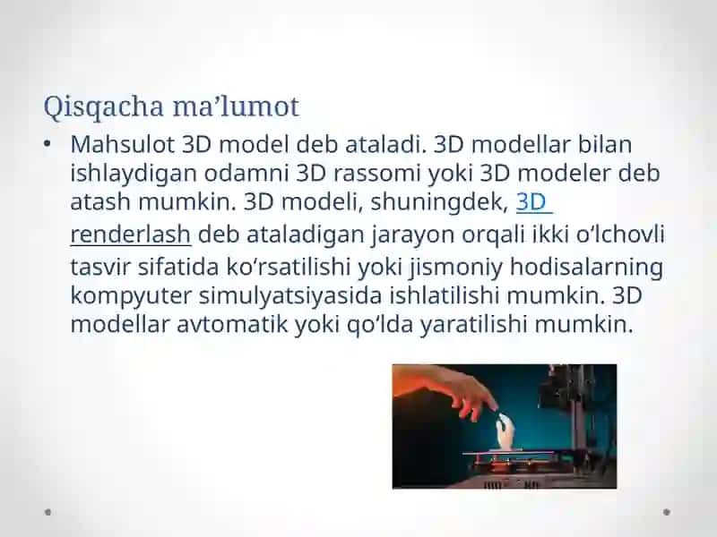 Tarixiy jarayonlarni modelash- tirishva qayta tiklash .3D madellashtirishning tarixy tdqiqotlarda qo’lanilishi. 4