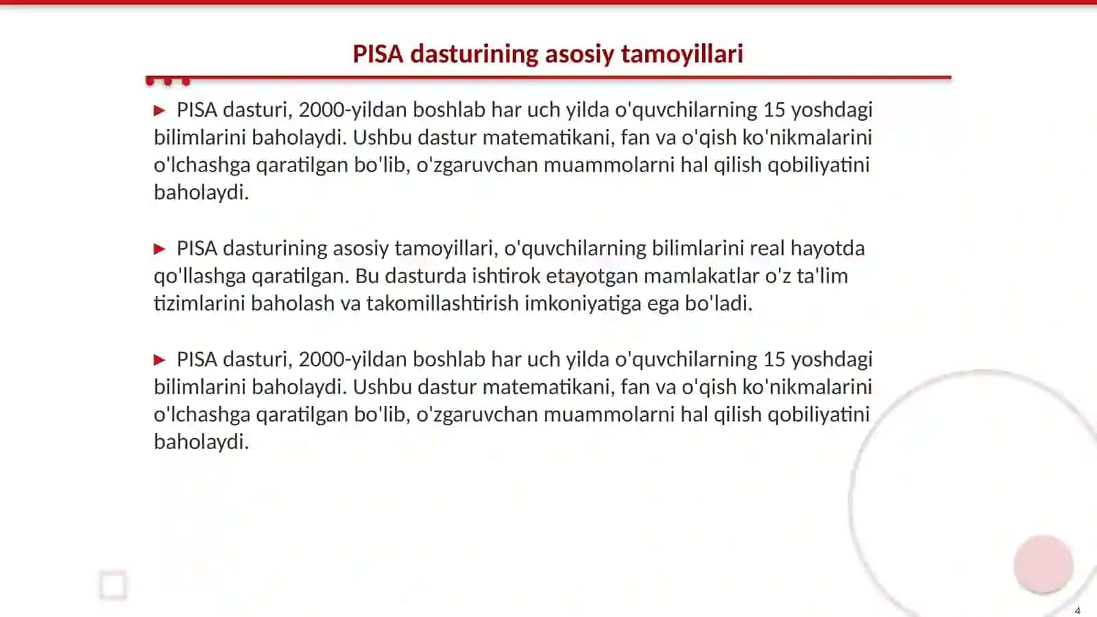 Matematikada Xalqaro baholash dasturlari TIMS PISA PRILS 4