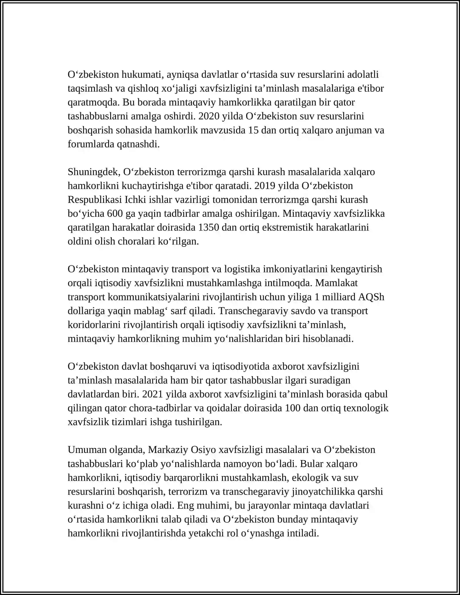 MARKAZIY OSIYODA XAVFSIZLIK MASALALARI, TERRORIZM, GIYOHVANDLIK VA ODAM SAVDOSIGA QARSHI KURASHDA O‘ZBEKISTON RESPUBLIKASINING ROLI 2 4