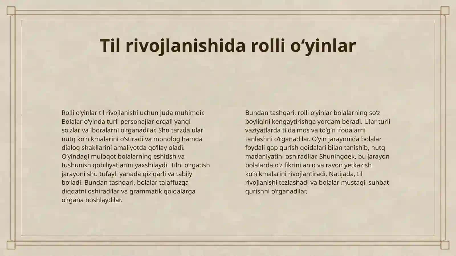 MAKTABGACHA YOSHDAGI BOLALARNING RIVOJLANISHI UCHUN MAVZUNI RIVOJLANTIRUVCHI ROLLI OʻYINLAR 4