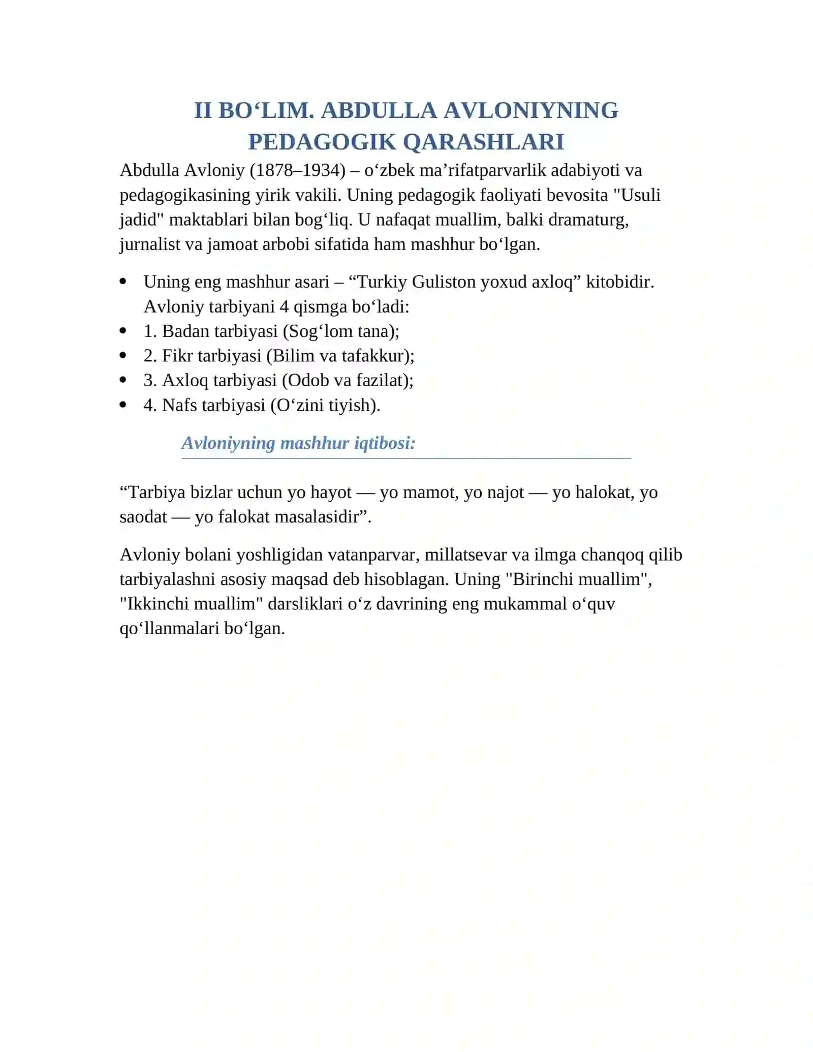 “JADID MA’RIFATPARVARLARNING PEDAGOGIK QARASHLARI. ABDULLA AVLONIYNING PEDAGOGIK QARASHLARI” 4