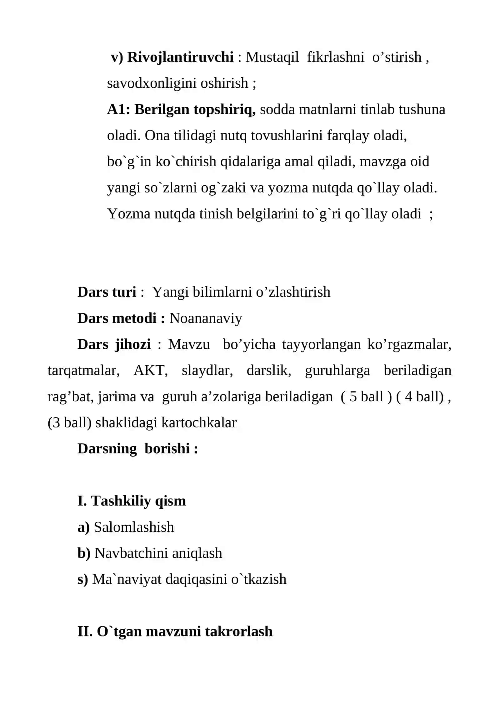 Ona tili fanidan 4-sinflarda o‘tkazgan bir soatlik Darsning texnologik xaritasi 4