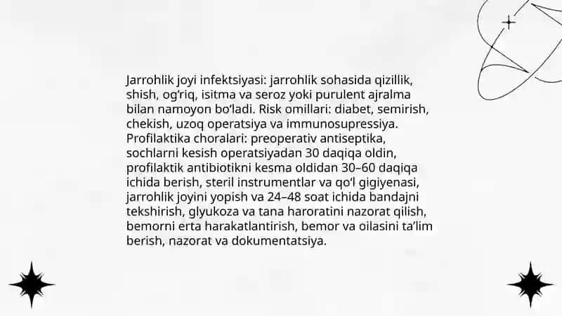 Operatsidan keyingi davrda kuzatiladigan asoratlarda hamshiralik ishi 4