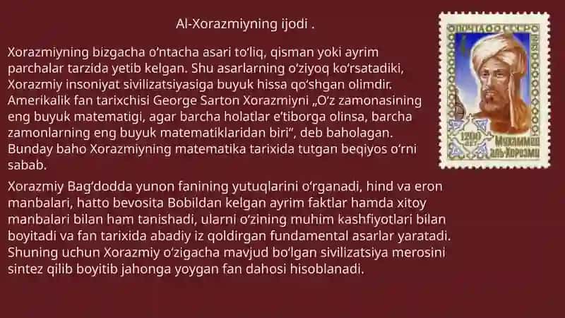 Yuksak ma’naviyatli yoshlarni tarbiyalashda O’rto Osiyo allomalari ilmiy merosining o’rni Al Xorazmiy amaliy faoliyati va ilmiy merosi misolida 4
