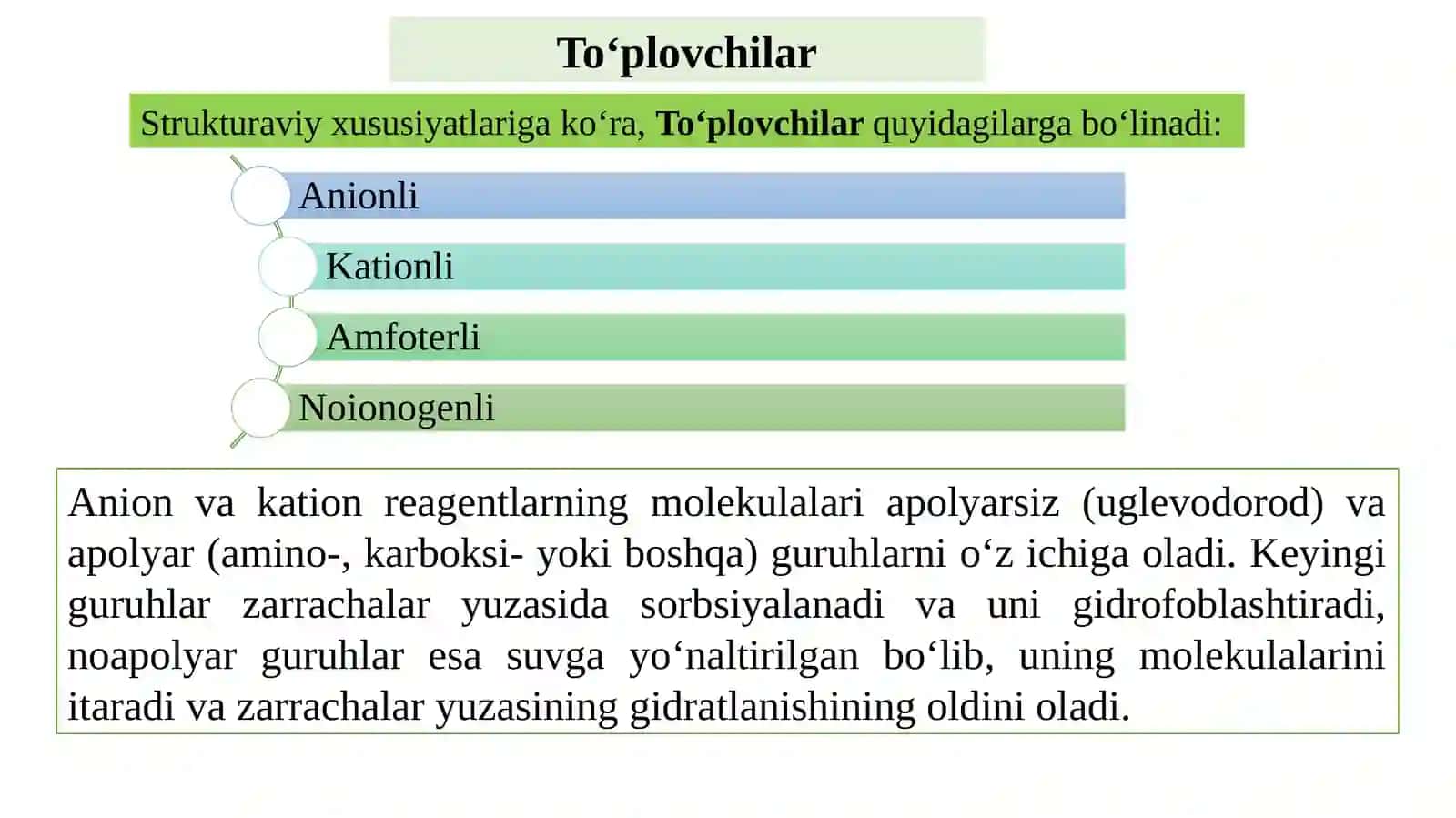 FLOTATSIYA REAGENTLARINING KLASSIFIKATSIYASI VA QO‘LLANILISHI 4