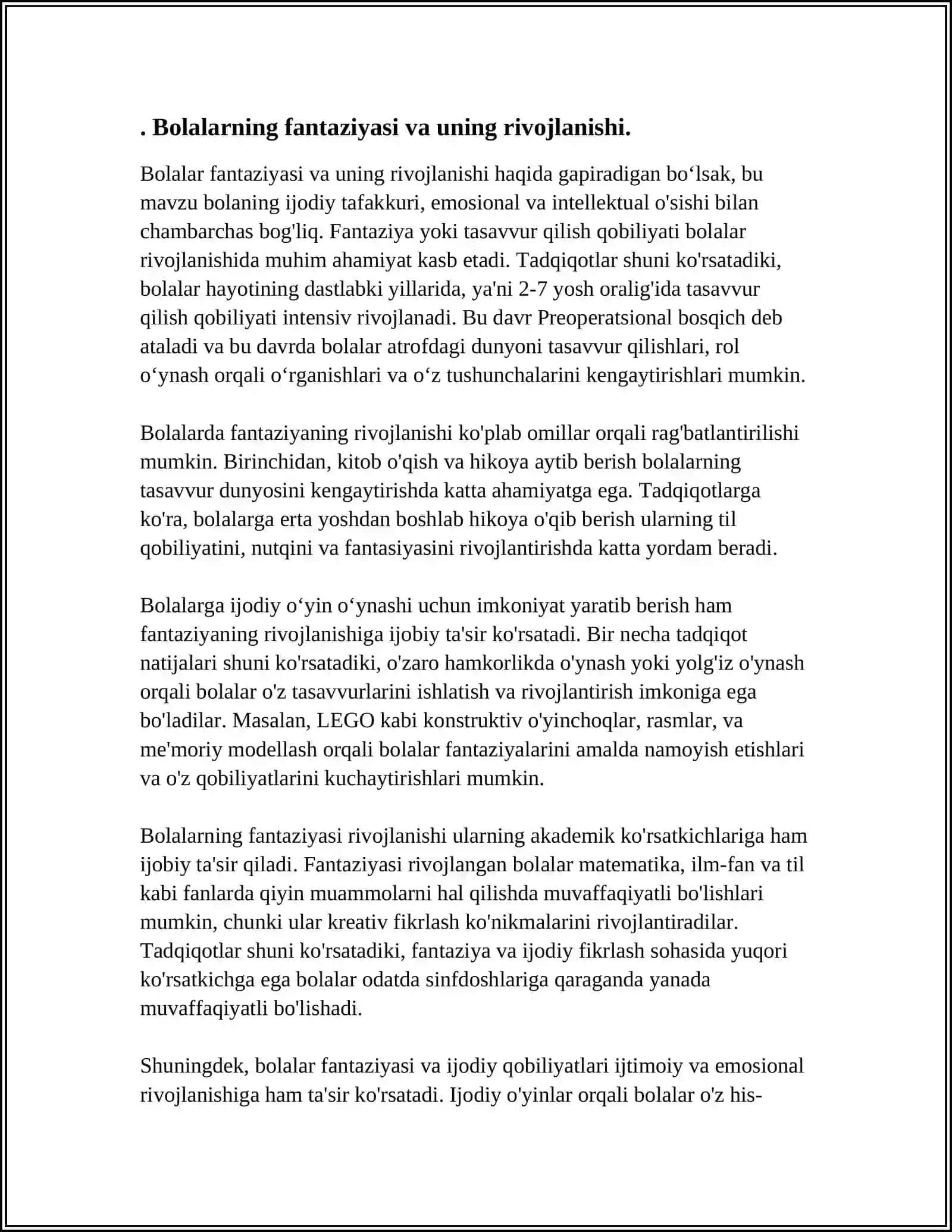 BOLALARNING OʻYIN VA KATTALARNING IJODIY FAOLIYATIDA FANTAZIYANING AHAMIYATI 4