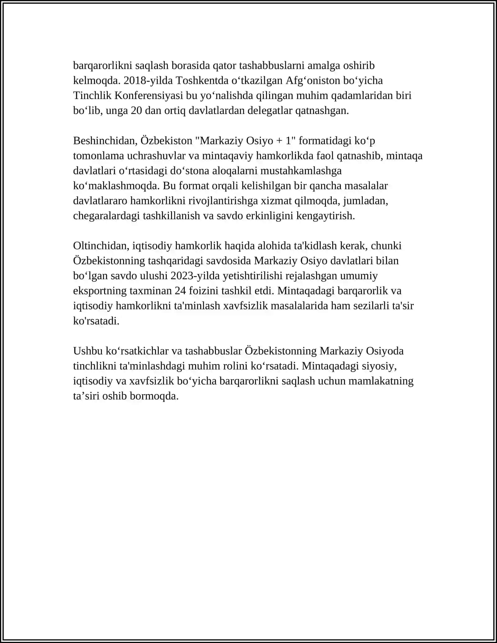 Mavzu: ÓZBEKISTONNING MARKAZIY OSIYODA TINCHILIK VA BARQARORLIKNI TA'MINLASHDAGI ÓRNI 2024-2025-o'quv yili 4