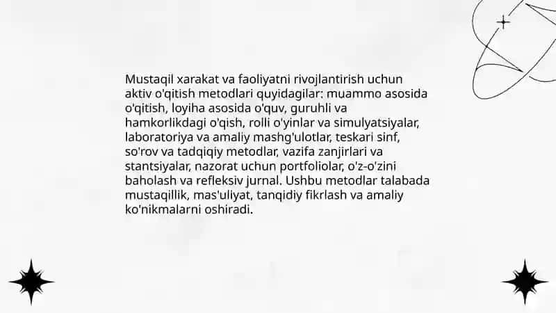 Mutaxasislik fanlarni o’qitishda mustaqil xarakatga va faoliyatga yo’naltirilgan o’qitish metodlari 4