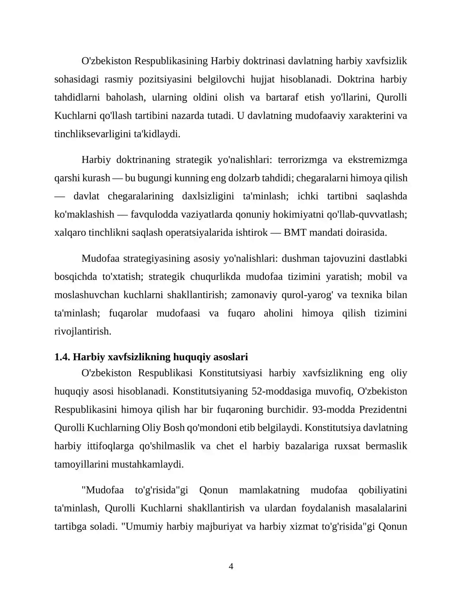 O'ZBEKISTON RESPUBLIKASI HARBIY XAVFSIZLIGINI TA'MINLASH MASALALARI 4
