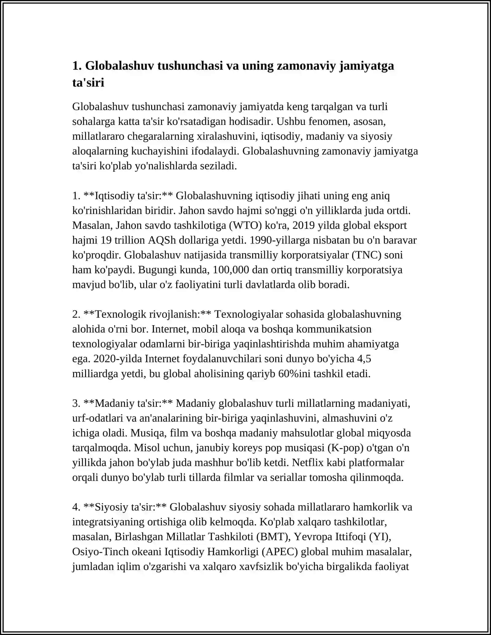 GLOBALLASHUV, GLOBALISTIKA VA BARQAROR TARAQQIYOTNING USTUVOR YOʻNALISHLARI MAVZUSIDA ESSE TAYYORLASH VA UNING TAQDIMOTINI OʻTKAZISH 4