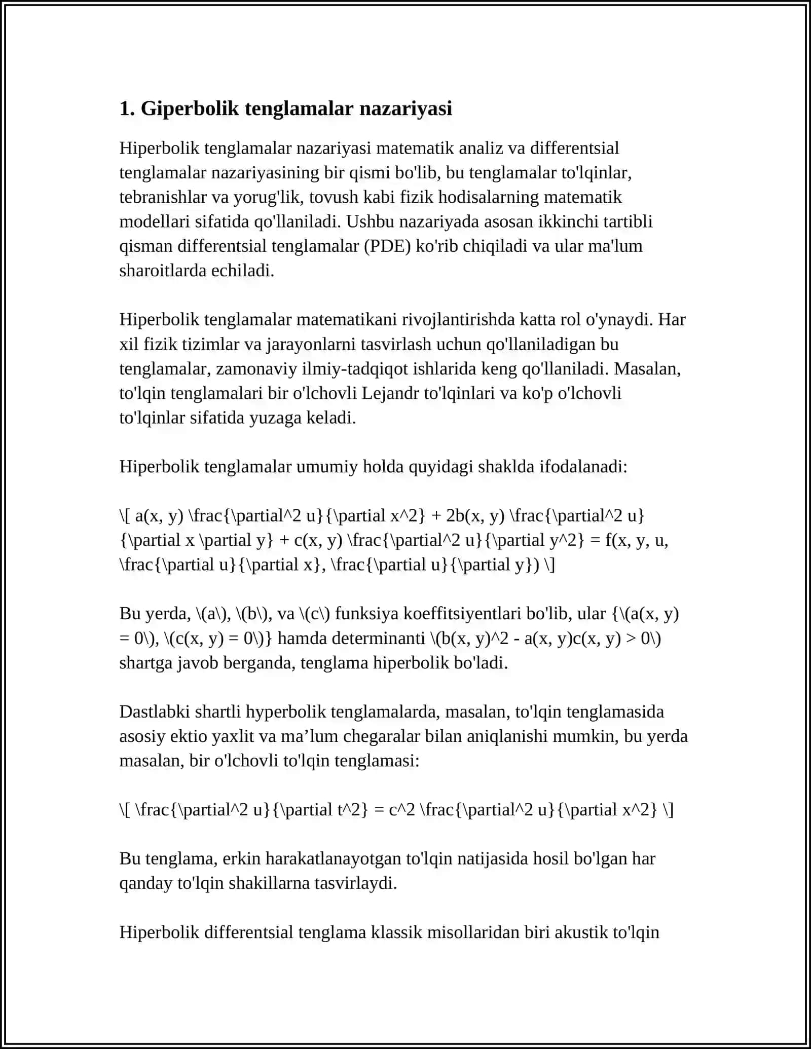 GIPERBOLIK TIPDAGI TENGLAMALAR UCHUN CHEGARAVIY MASALALAR YECHISH USULLARI: BERILGANLARNI DAVOM ETTIRISH USULLARI 4