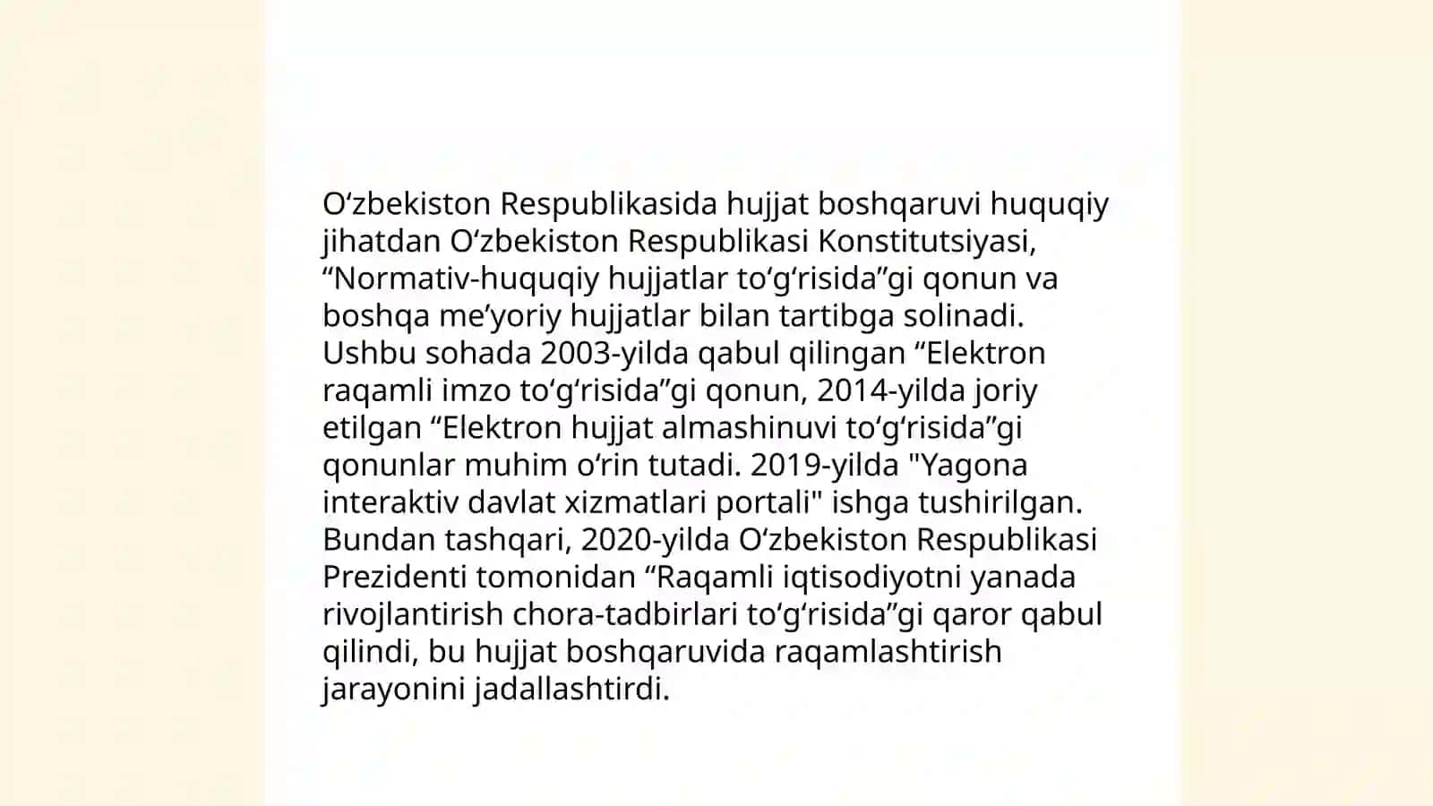 Oʻzbekiston Respublikasida hujjatchilik takomillashuvi. Ish hujjatlari va ularga qoʻyiladigan asosiy talablar 4