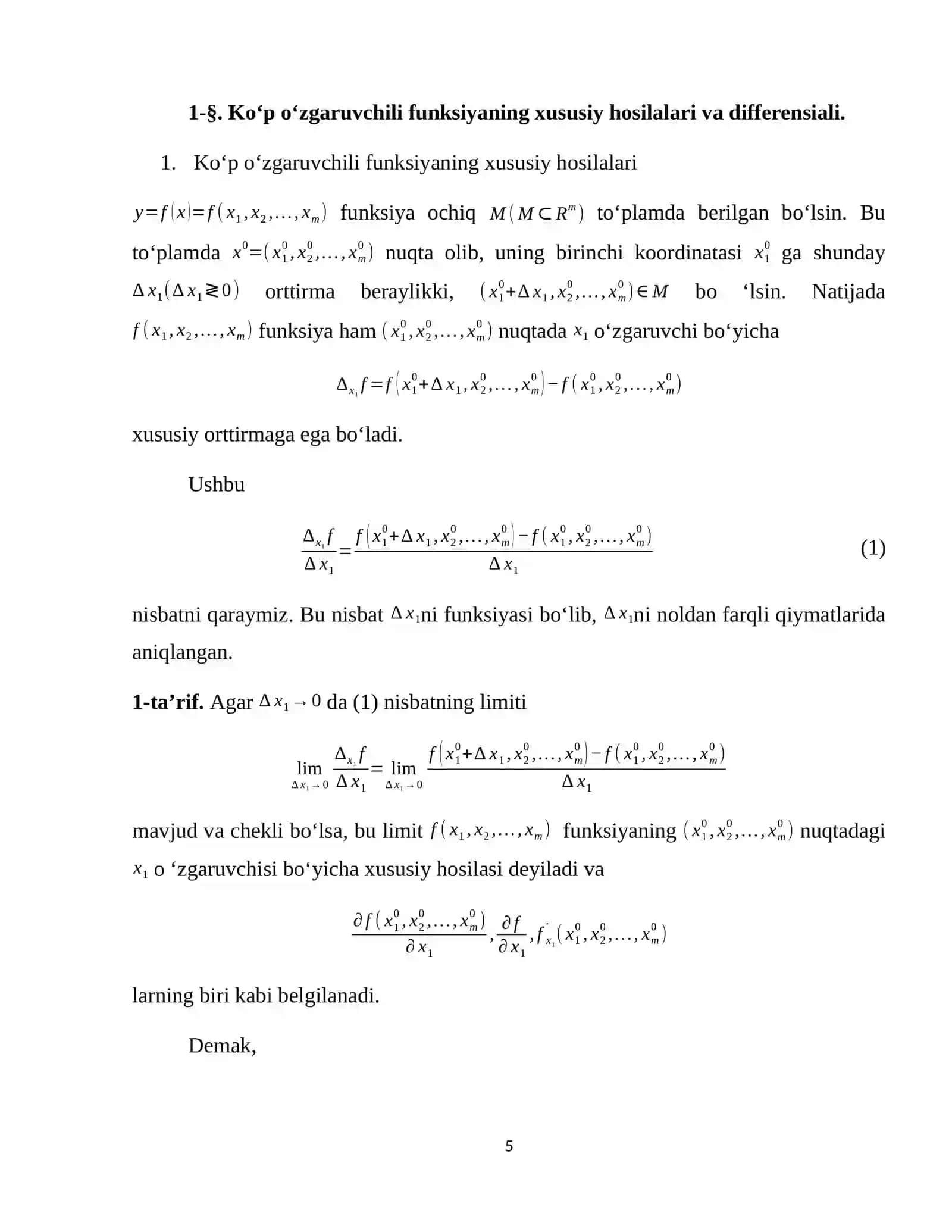 Ko‘p o‘zgaruvchili funksiyaning xususiy hosilalari va differensiallari 4