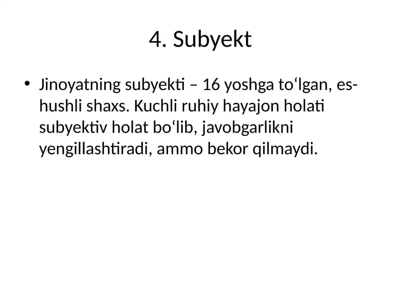 Kuchli ruhiy hayajonlanish holatida qasddan badanga og‘ir yoki o‘rtacha og‘ir shikast yetkazish 4