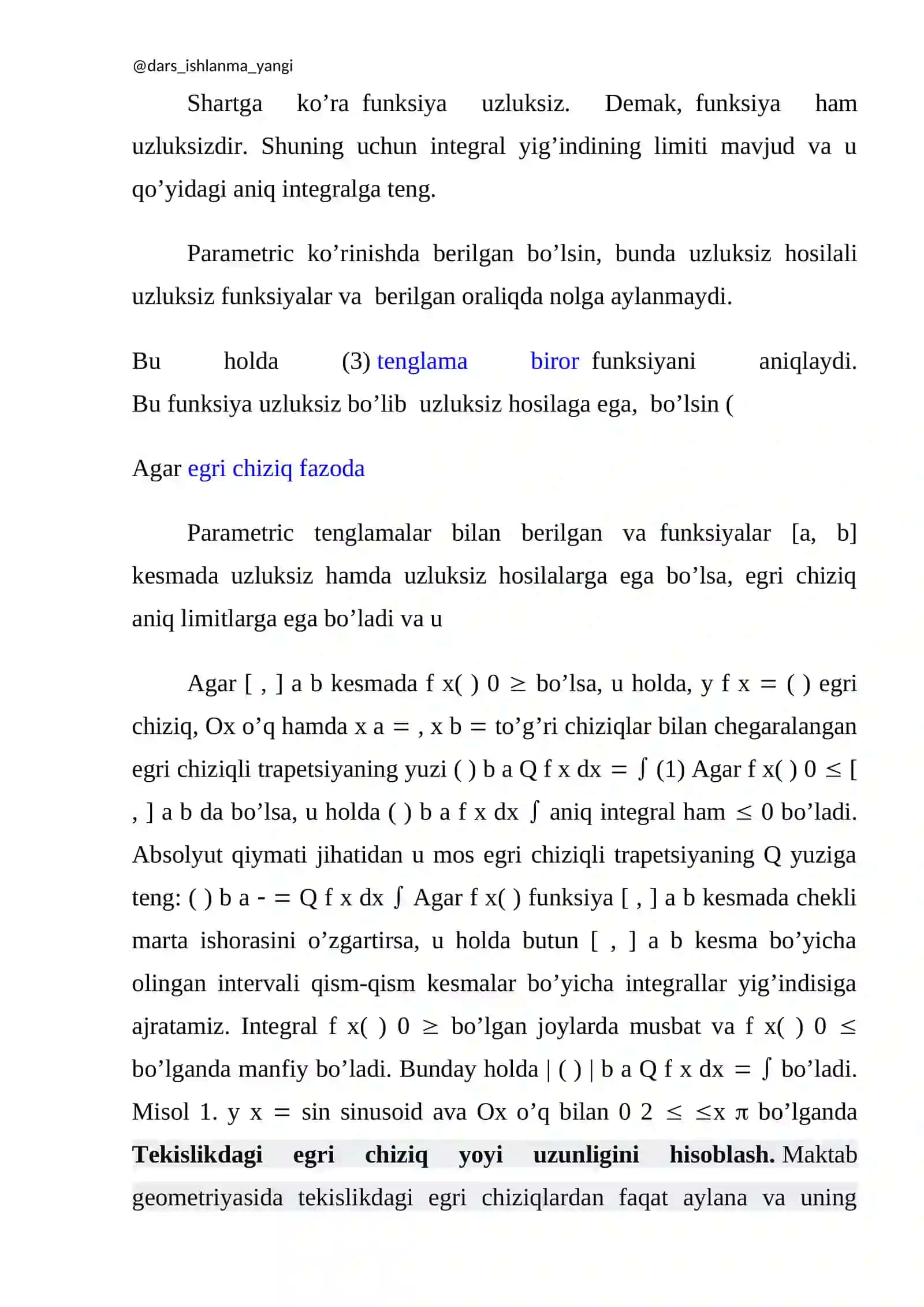 Aniq integralning tadbiqlari (Yassi shaklning yuzasi.Egri chiziq yoyi uzunligi, Hajmlarni hisoblash) 4