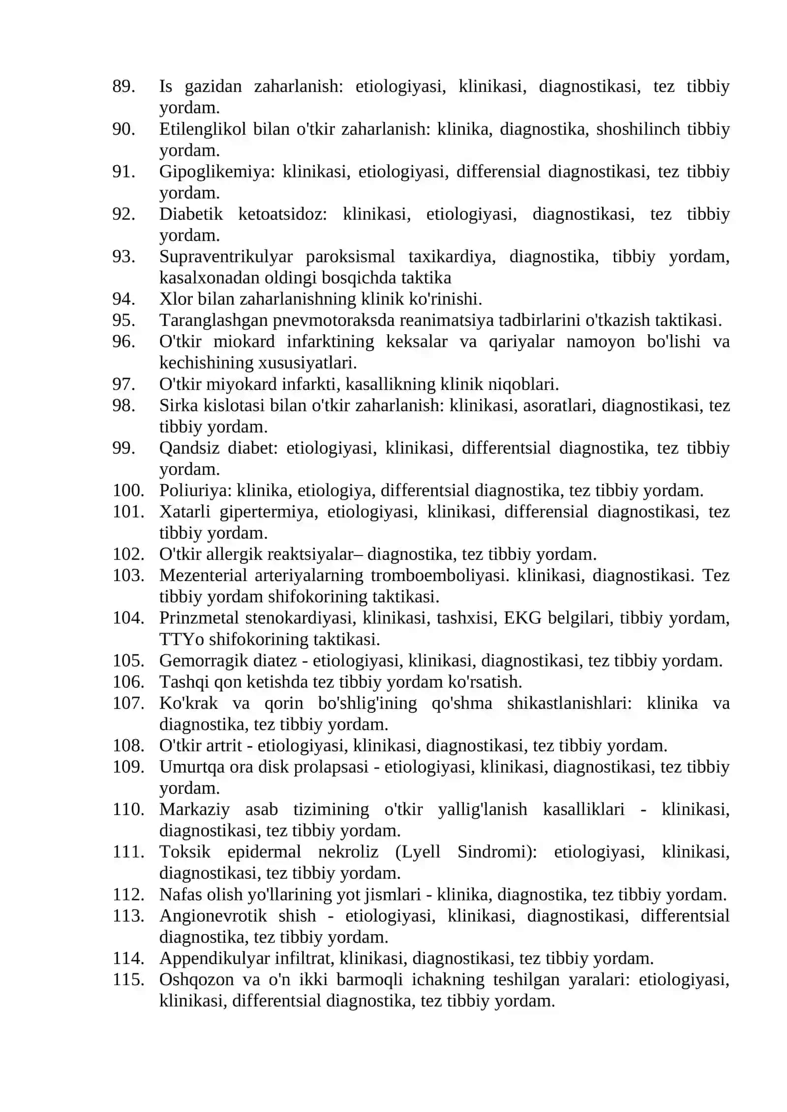 Shoshilinch tibbiy yordam mutaxassisligi bo'yicha shakllantirilgan og'zaki savollar ro'yxati 4