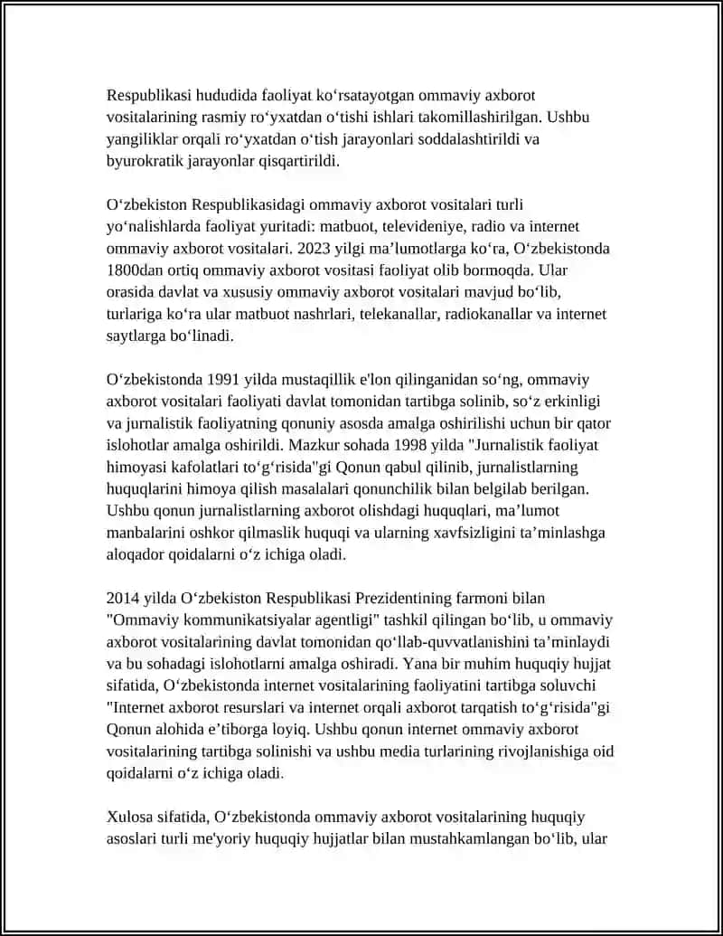 OʻZBEKISTON RESPUBLIKASIDA OMMAVIY AXBOROT VOSITALARINING FAOLIYATI 4