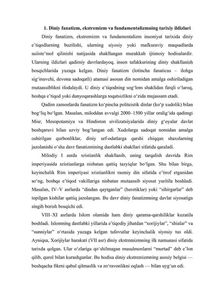 Diniy fanatizm, ekstremizm, fundamentalizm, terrorizmning tarixi va ularning hozirgi davrda xavfsizlikka tahdidi 4