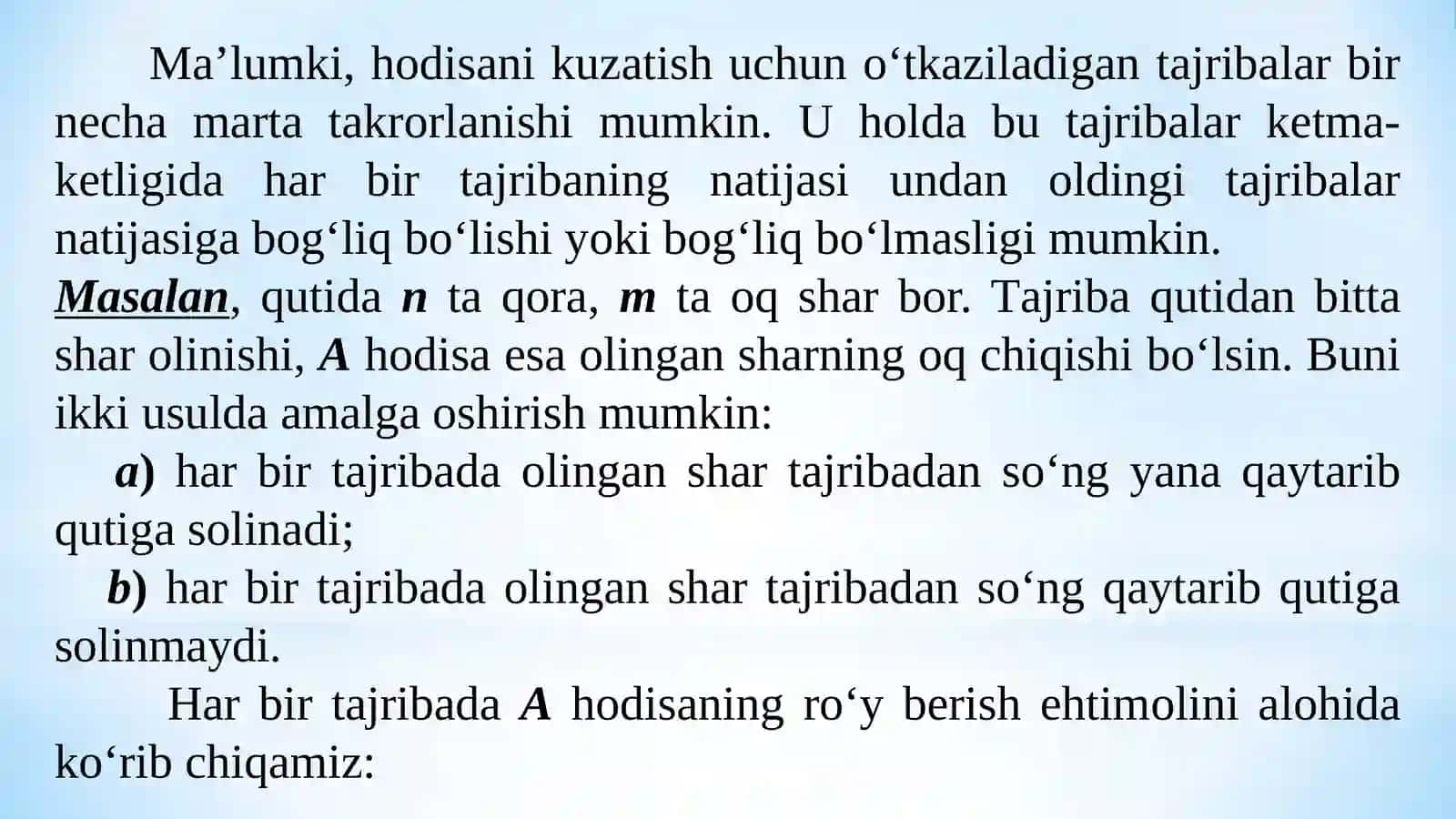 ERKLI SINOVLAR KETMA-KETLIGI. BERNULLI SXEMASI 4