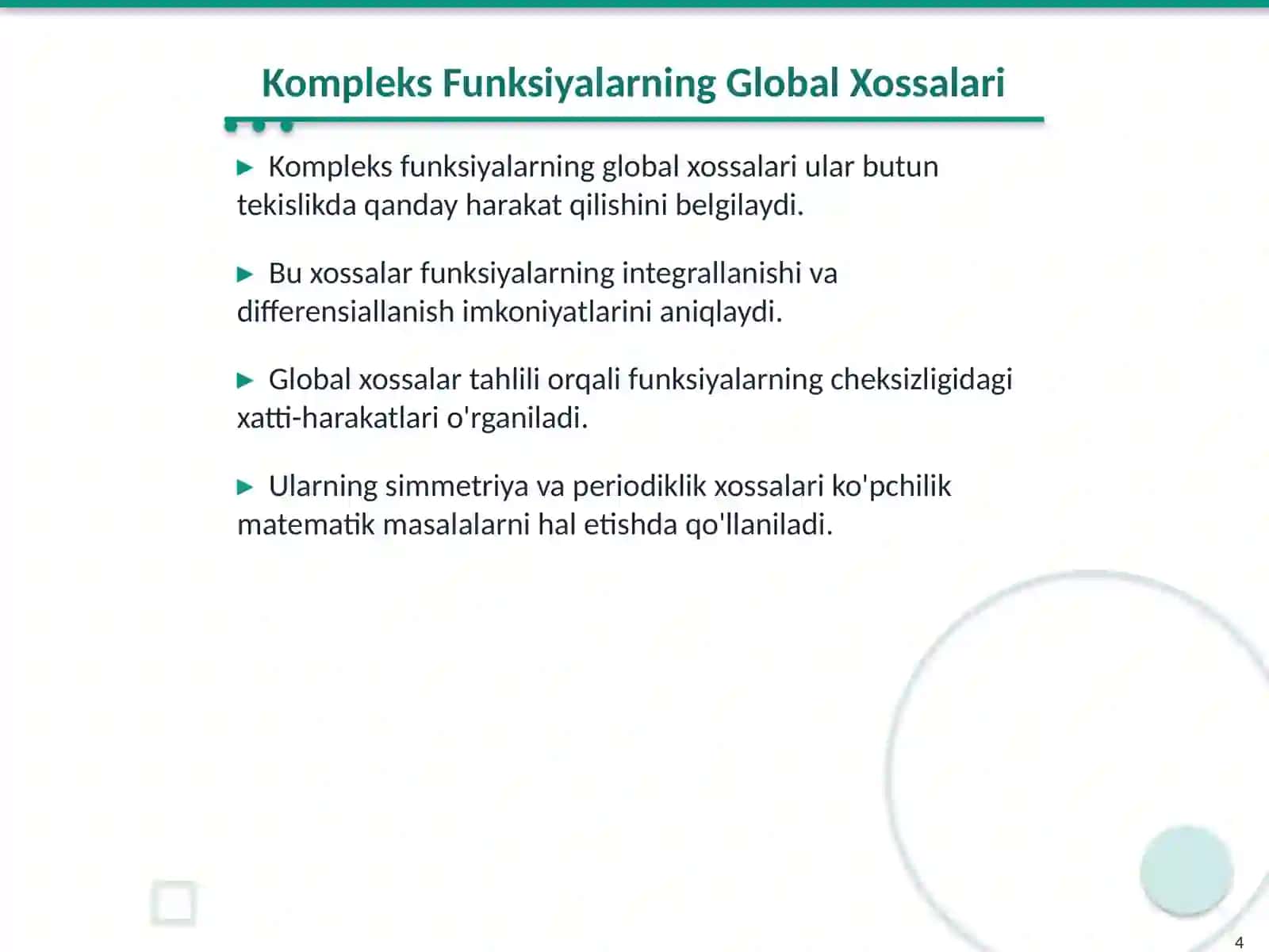 Kompleks O'zgaruvchili Uzluksiz Funksiyalarning Global Xossalari 4