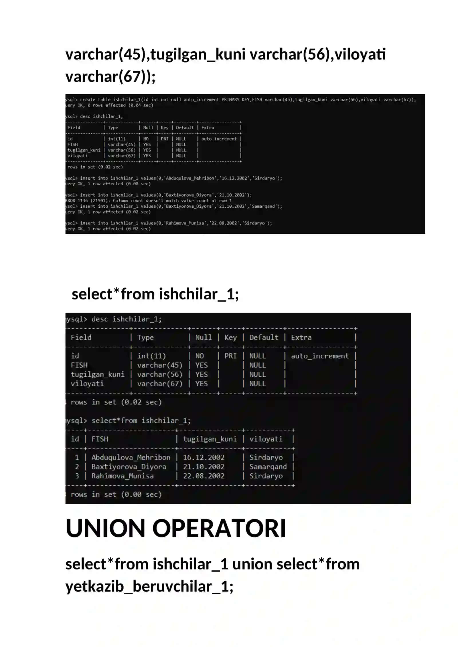UNION, INTERSECT va MINUS standart so‘zlaridan foydalanish 4