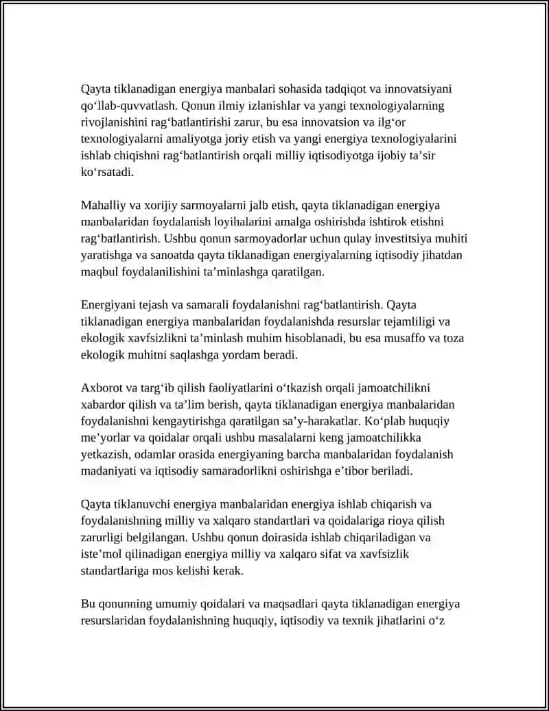 QAYTA TIKLANUVCHI ENERGIYALARIDAN FOYDALANISH TOʻGRISIDAGI QONUN HUJATLARI 4