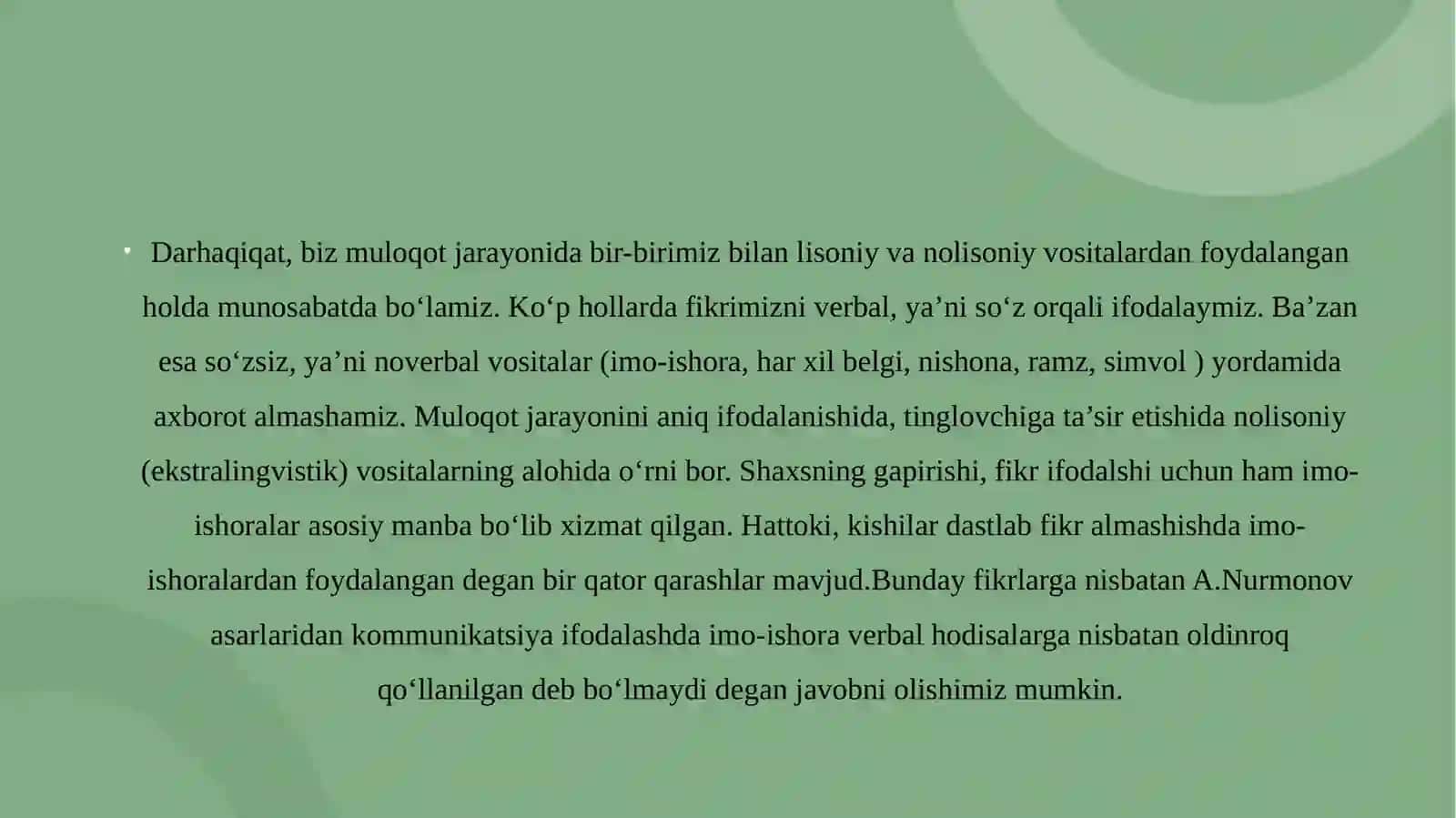 PPT O‘zbek va arab tillarida nutqiy aktni hosil qiluvchi noverbal vositalar 4