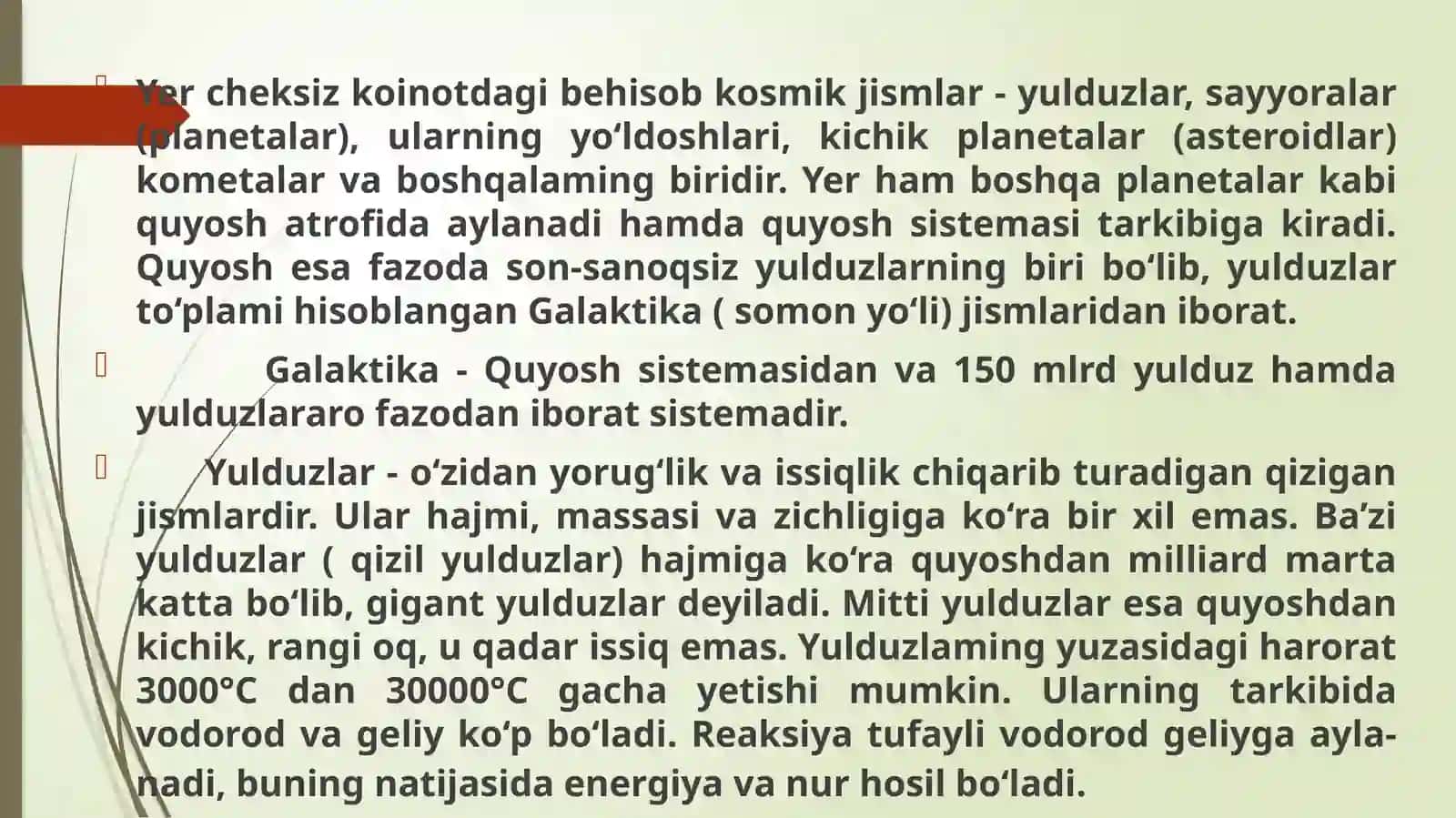 QUYOSH SISTEMASI. QUYOSH SISTEMASI VA YER,YERNING GEOGRAFIK QOBIQLARI HAMDA TIRIKLIK BELGILARI haqida slayd 4