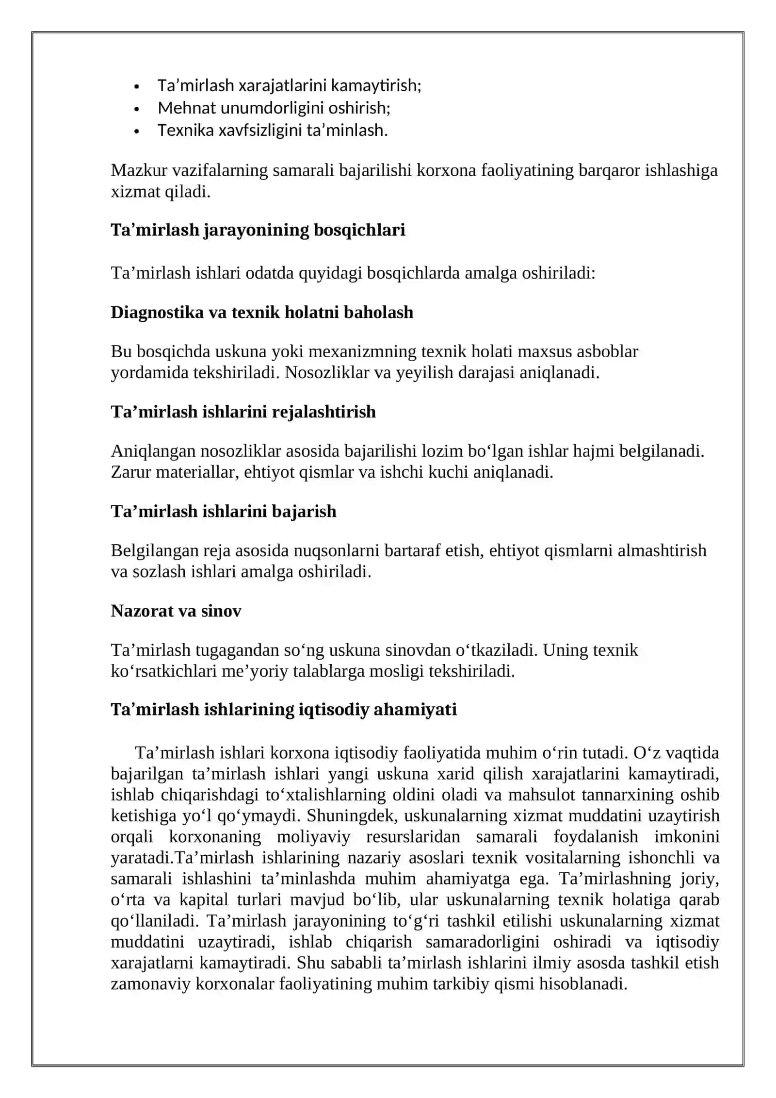 Ta'mirlash ishlarini asboblar vositasida baholash.             Ta'mirlashning texnik-iqtisodiy tahlili. 4