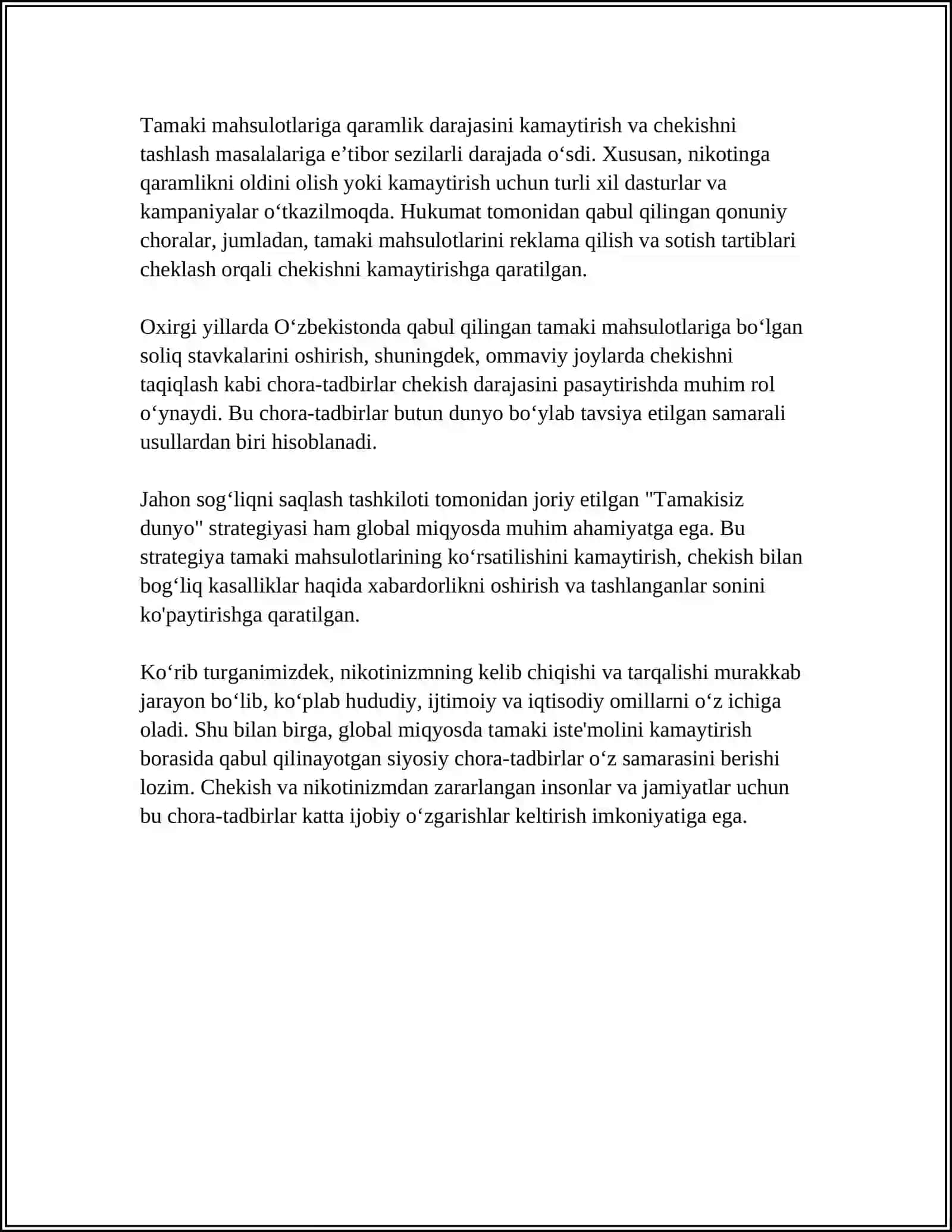 MUSTAQIL ISH Mavzu: NIKOTINIZM VA UNING ASORATLARI. NIKOTINIZMNING O’SMIRLAR VA AYOLLAR ORGANIZMIGA TA’SIRI 4
