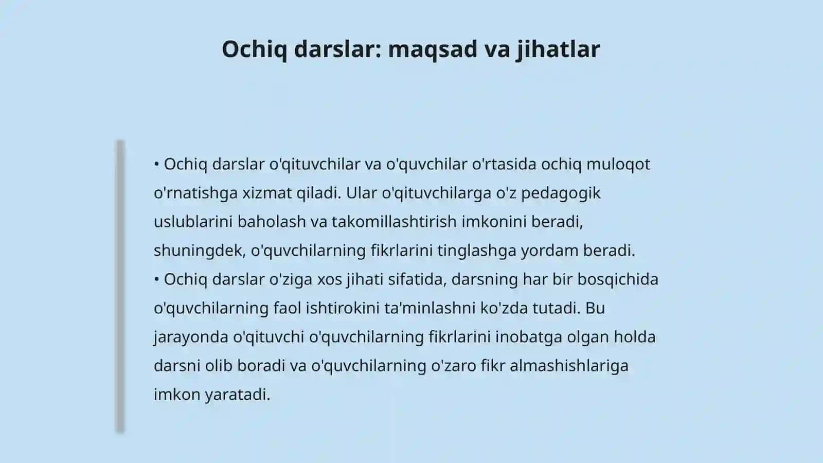 Dars tahlili turlari: ko’rgazmali, ochiq, o’zaro va mahorat darslari 4