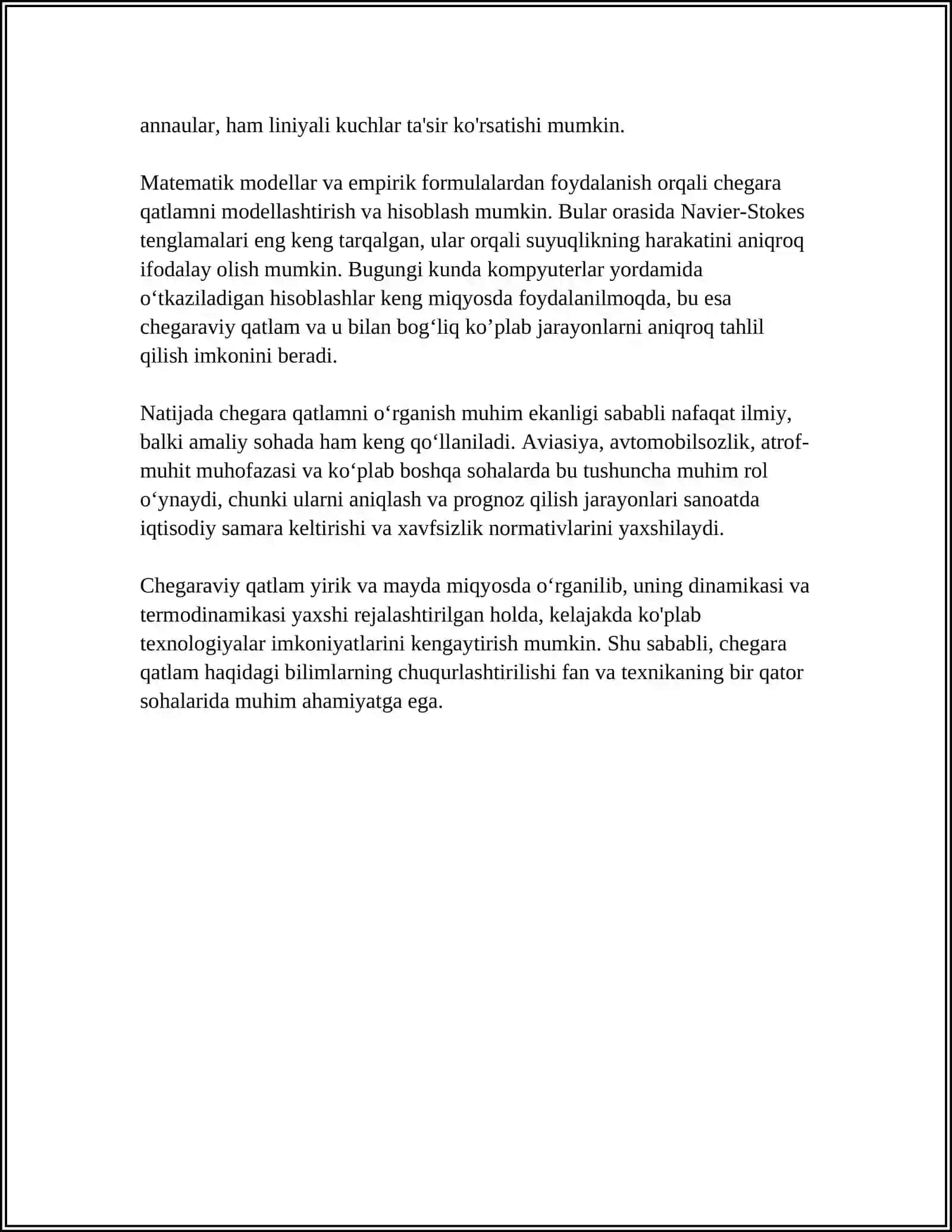 SUYUQLIKNING TRUBADAGI TURBULENT OQIMIDA CHEGARAVIY QATLAM 4