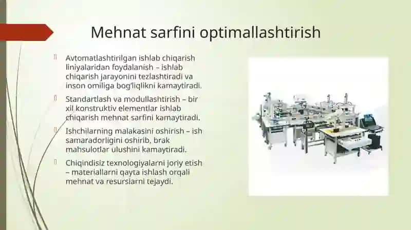 Buyum va konstruksiyaning texnologik komplekti.ishlab chiqarishda mehnat sarfi 4
