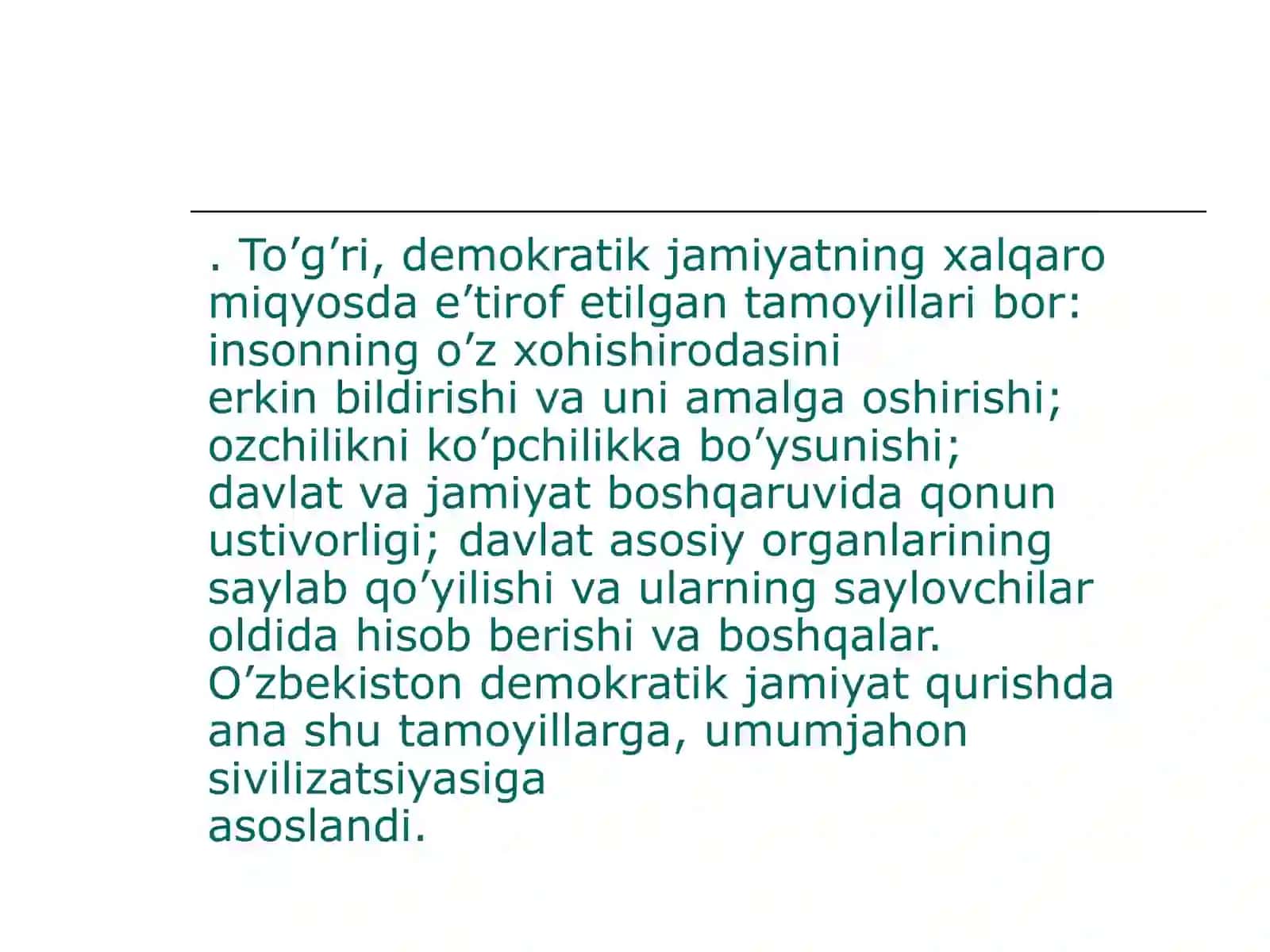 O’ZBEKISTONDA DEMOKRATIK FUQAROLIK JAMIYATI ASOSLARINING SHAKLLANISHI AMALGA OSHIRILGAN SIYOSIY ISLOHOTLAR TAQDIMOTI 4
