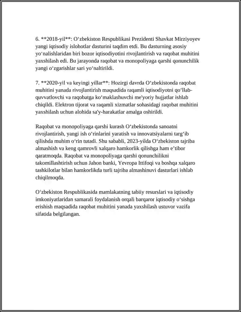 Oʻzbekistonda raqobat va monopoliyaga qarshi qonunchilikning tarixi va rivojlanishi 4