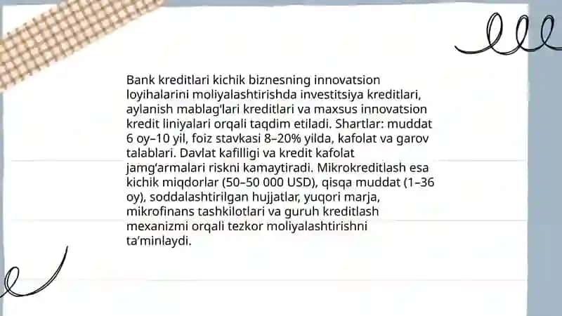 Kichik biznes korxonalar innovatsion faoliyatini moliyalashtirish manbalari va asosiy shakllari 4